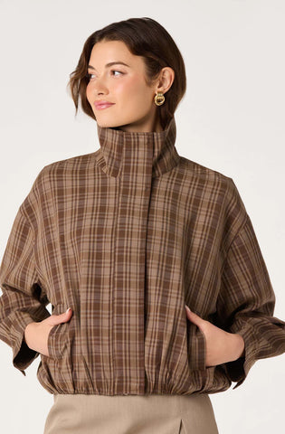 ASTR | Cooper Funnel Collar Bomber Jacket in Brown Plaid