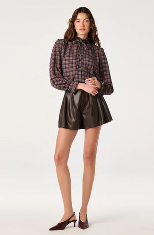 ASTR | Alyssa Plaid Ruffle Collar Blouse in Eggplant Plaid