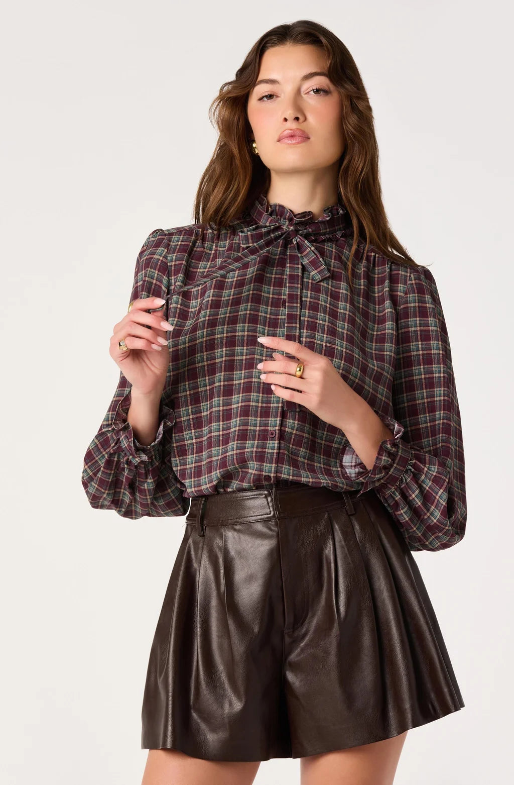 ASTR | Alyssa Plaid Ruffle Collar Blouse in Eggplant Plaid