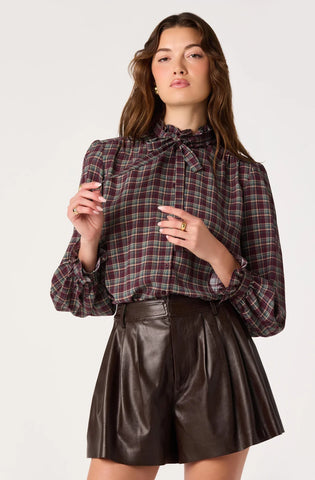 ASTR | Alyssa Plaid Ruffle Collar Blouse in Eggplant Plaid