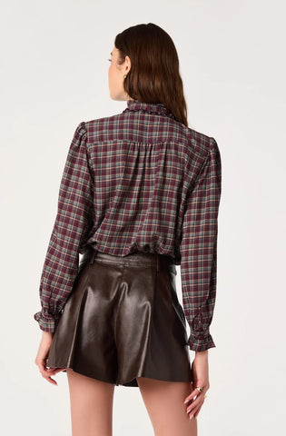 ASTR | Alyssa Plaid Ruffle Collar Blouse in Eggplant Plaid
