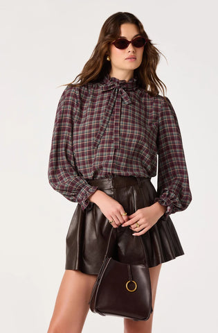 ASTR | Alyssa Plaid Ruffle Collar Blouse in Eggplant Plaid