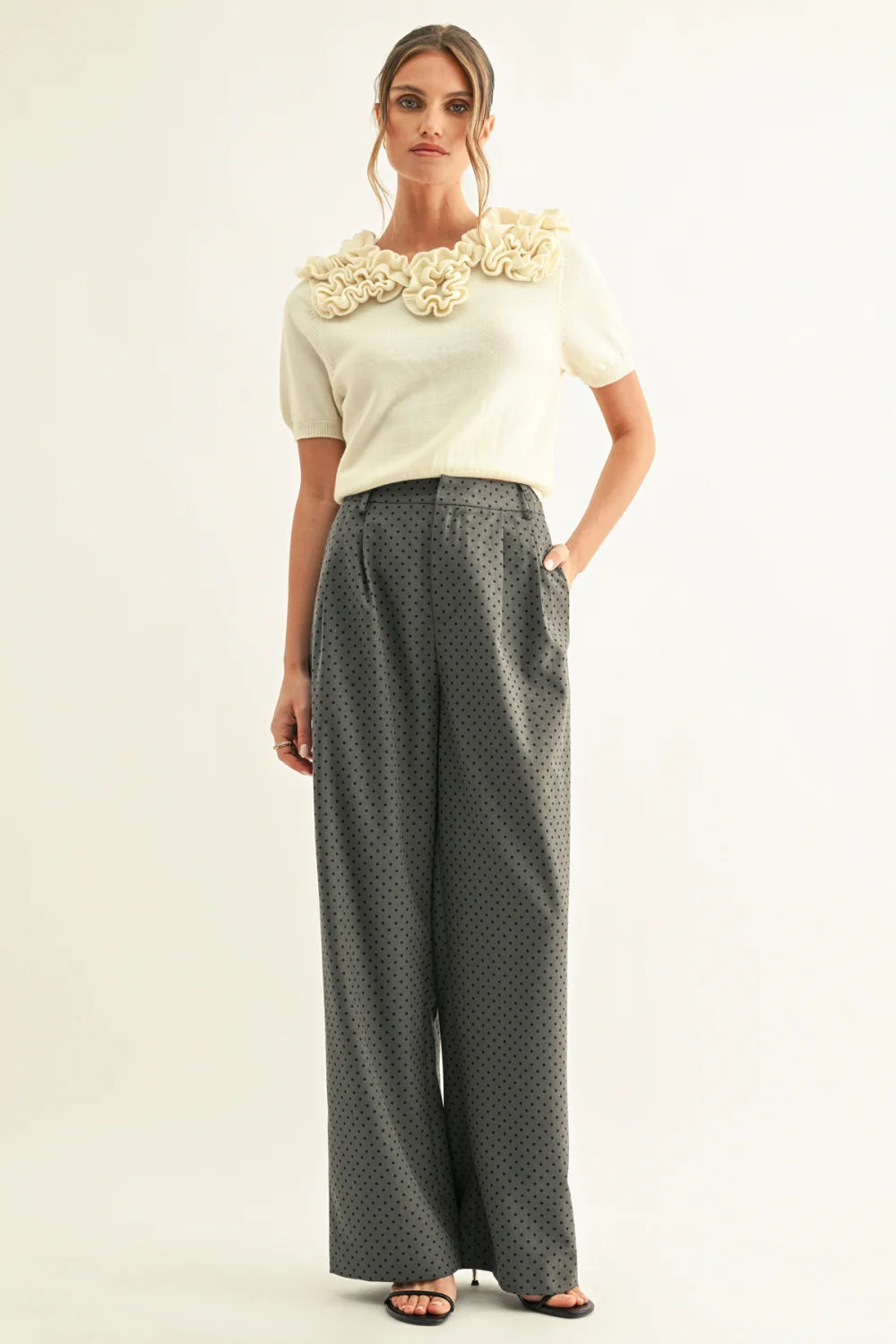AR | Crista Polka Dot Pleated Pants in Dark Denim Dot
