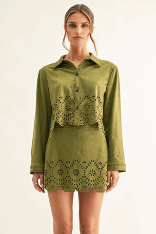 AR | Lucia Eyelet Faux Suede Cropped Shirt in Olive