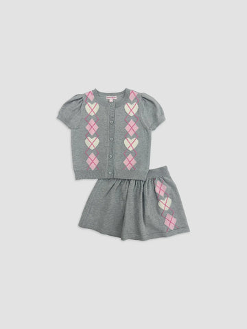 Argyle Short Sleeve Cardigan & Skirt Set
