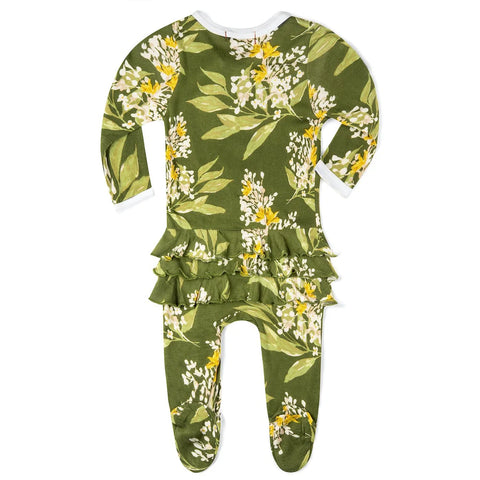 Milkbarn | Green Floral Bamboo Ruffle Zipper Footed Romper