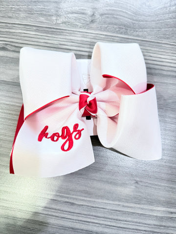 White & Red "Hogs" Embroidered Bow