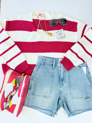 Stripe Knitted V- Neck Loose Fit