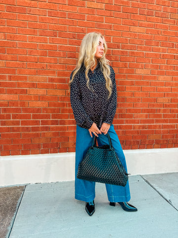 Polka Dot Collared Long Sleeve Button Down Shirt