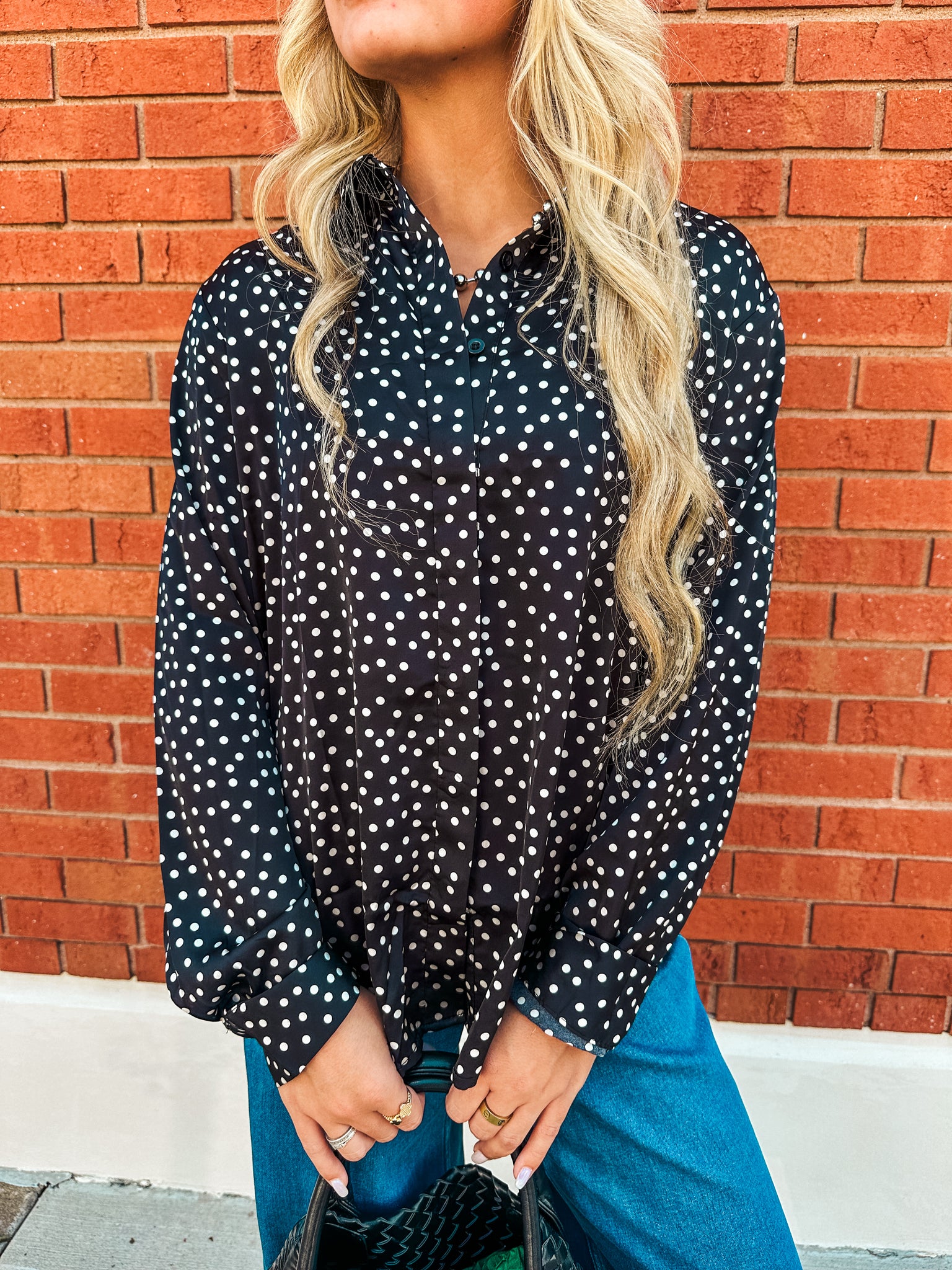 Polka Dot Collared Long Sleeve Button Down Shirt