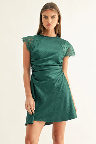 AR | Jordyn Asymmetric Hem Ruched Mini Dress in Dark Teal