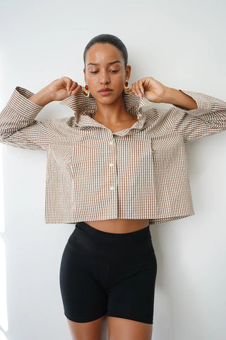 LNA | Kayleigh Check Blouse in Brown Check