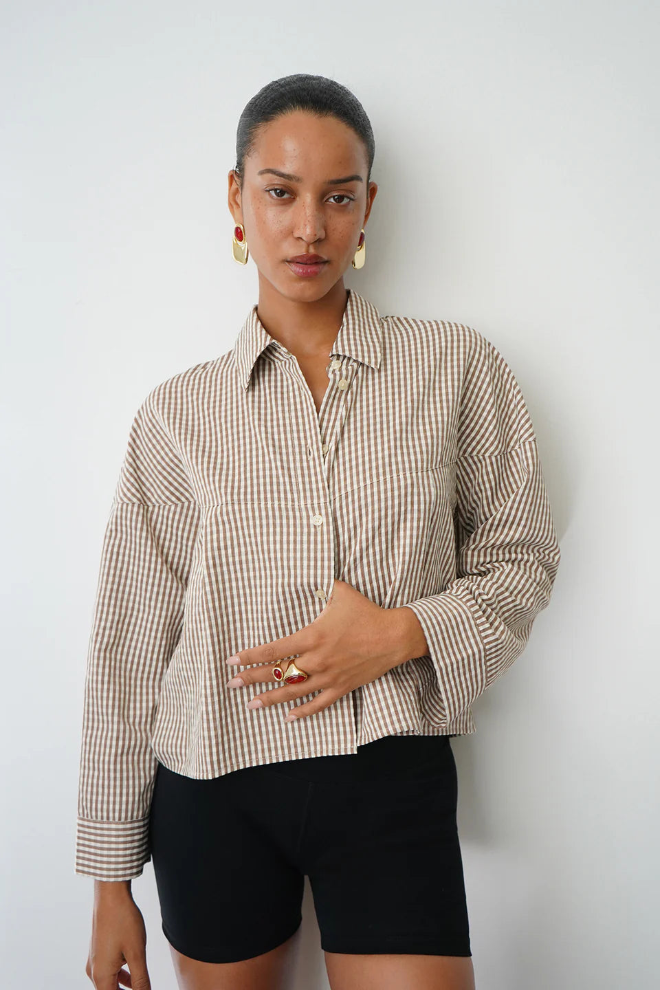 LNA | Kayleigh Check Blouse in Brown Check