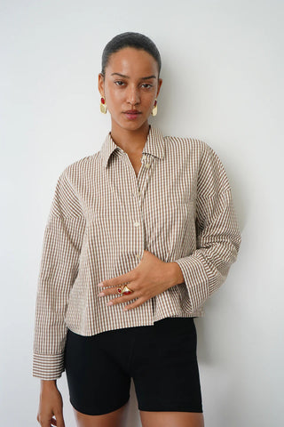LNA | Kayleigh Check Blouse in Brown Check