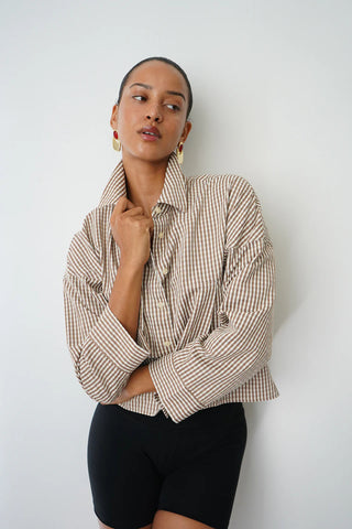 LNA | Kayleigh Check Blouse in Brown Check