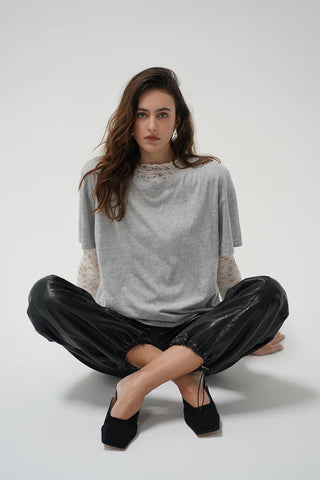 LNA | Mirage Two Piece Lace Long Sleeve Shirt in Heather Grey/White