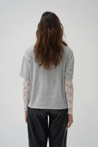 LNA | Mirage Two Piece Lace Long Sleeve Shirt in Heather Grey/White