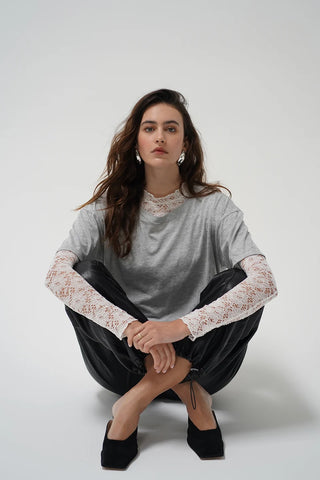 LNA | Mirage Two Piece Lace Long Sleeve Shirt in Heather Grey/White