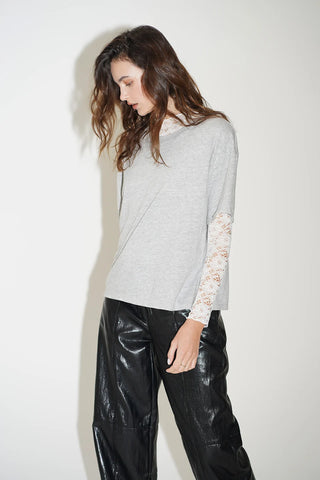 LNA | Mirage Two Piece Lace Long Sleeve Shirt in Heather Grey/White