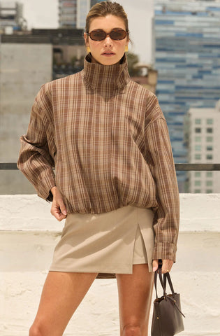 ASTR | Cooper Funnel Collar Bomber Jacket in Brown Plaid