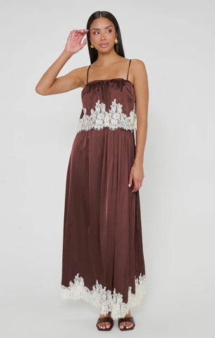 Show Me Your Mumu | Emmylou Maxi Dress Chocolate Satin with Lace Trim