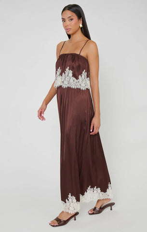 Show Me Your Mumu | Emmylou Maxi Dress Chocolate Satin with Lace Trim