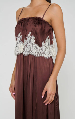 Show Me Your Mumu | Emmylou Maxi Dress Chocolate Satin with Lace Trim
