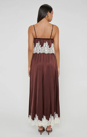 Show Me Your Mumu | Emmylou Maxi Dress Chocolate Satin with Lace Trim