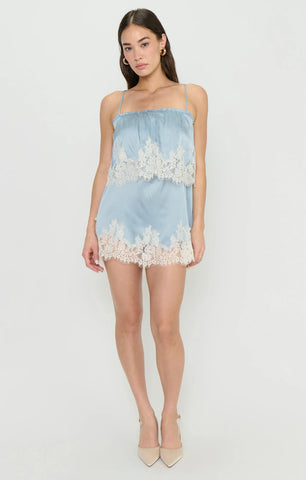 Show Me Your Mumu | Emmylou Mini Dress Blue Satin with Lace Trim