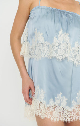 Show Me Your Mumu | Emmylou Mini Dress Blue Satin with Lace Trim