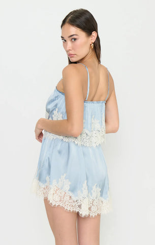 Show Me Your Mumu | Emmylou Mini Dress Blue Satin with Lace Trim