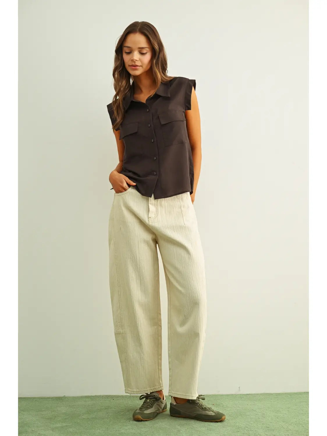 Front Pocket Button Front Sleeveless Chiffon Blouse