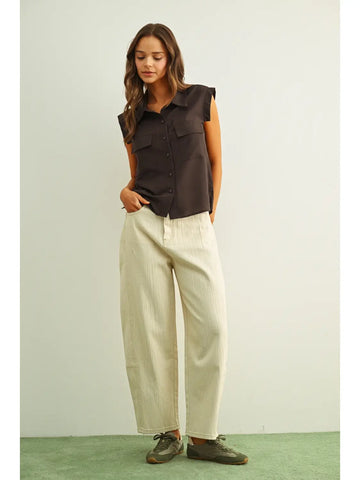 Front Pocket Button Front Sleeveless Chiffon Blouse