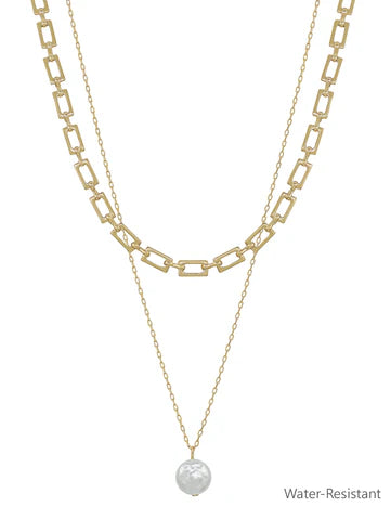 Gold Squared Chain With Pearl