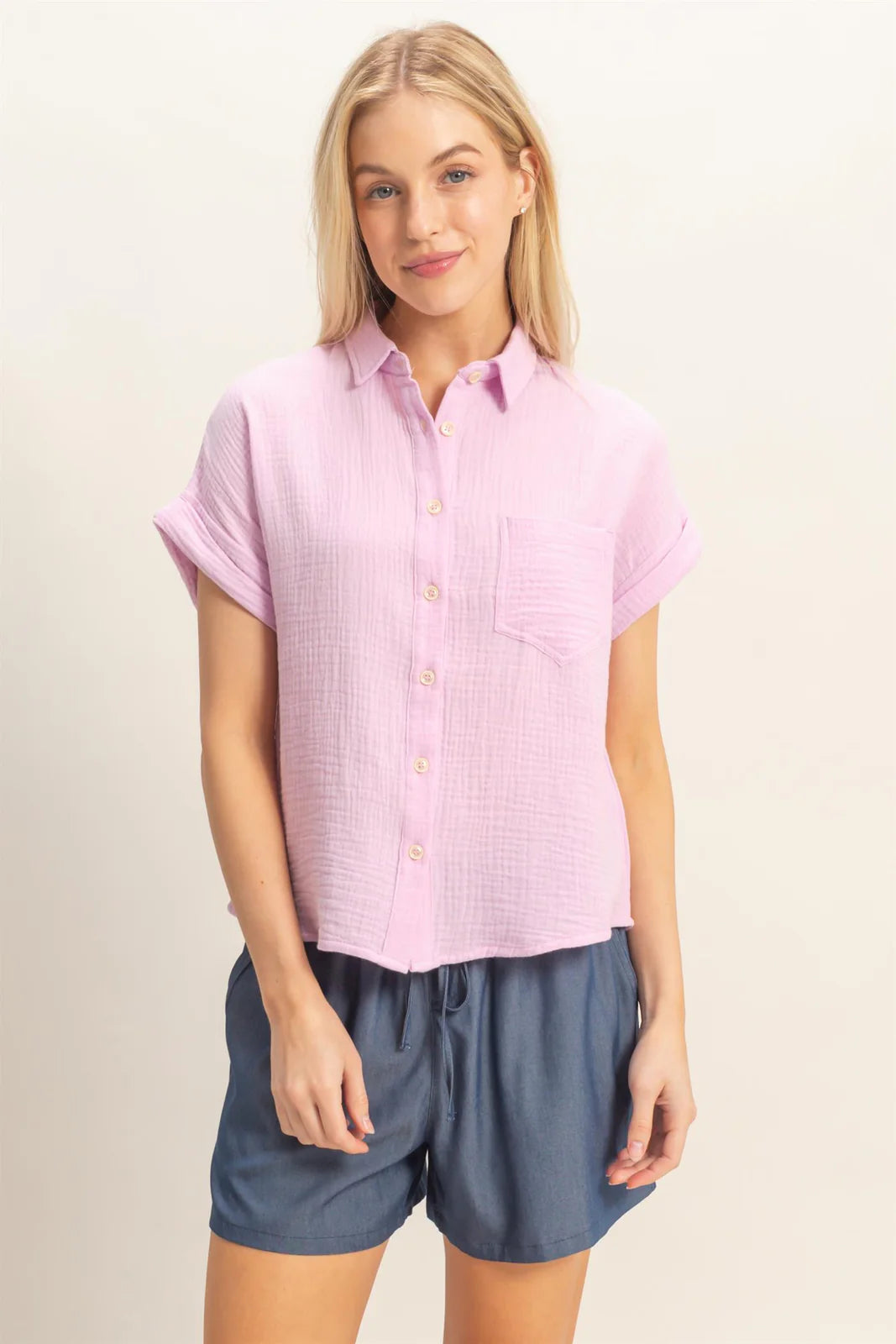 Rolled Sleeve Button-Up Top
