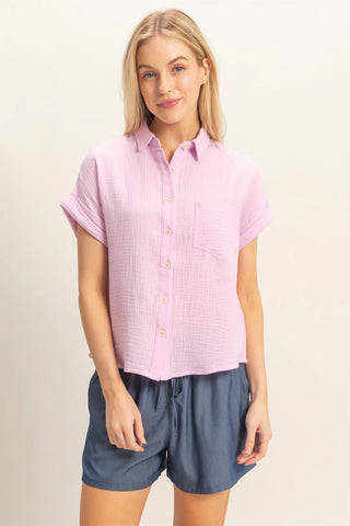 Rolled Sleeve Button-Up Top