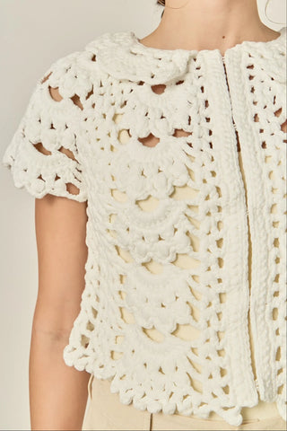EF | Crochet Knit Crop Cardigan in White