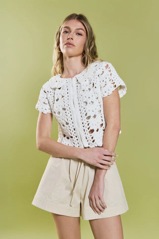 EF | Crochet Knit Crop Cardigan in White