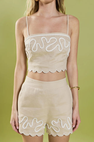 EF | Wavy Embroidered Scallop Bandeau Top in Beige