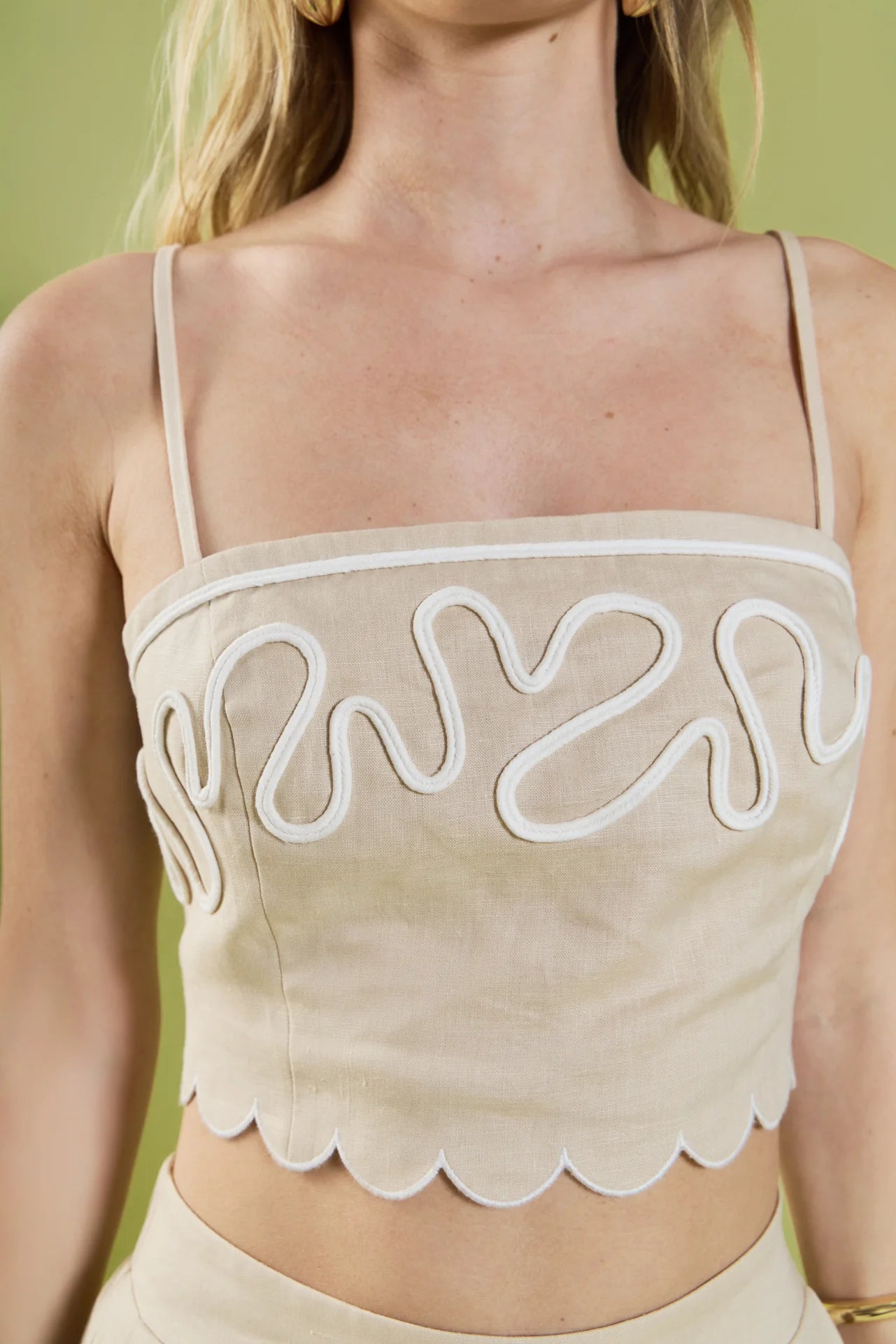 EF | Wavy Embroidered Scallop Bandeau Top in Beige