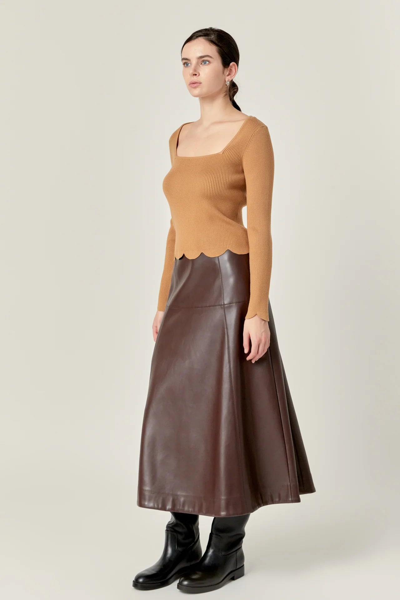 EF | PU High Waisted Midi Skirt