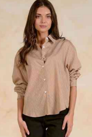 Elan | L/S Open Back Button Down Top in Tan Stripe