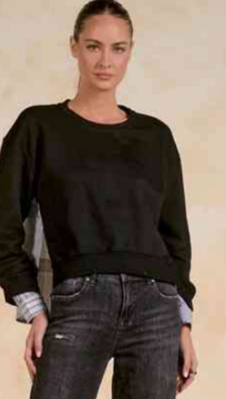 Elan | L/S Crewneck Top in Black Plaid