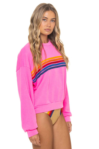 Aviator Nation | Crew Sweatshirt Relaxed 5 Stripe in Neon Pink