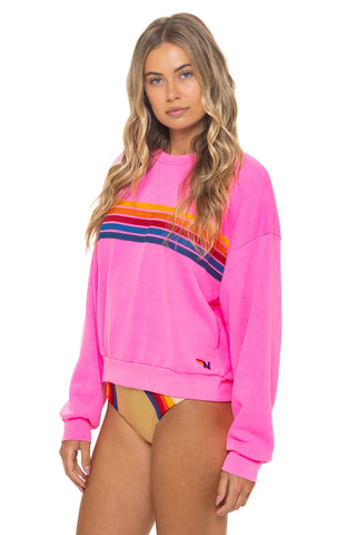 Aviator Nation | Crew Sweatshirt Relaxed 5 Stripe in Neon Pink
