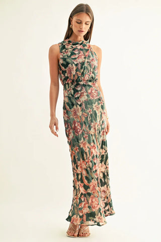 AR | Veda Burnout Velvet Draped Maxi Dress in Teal Multi