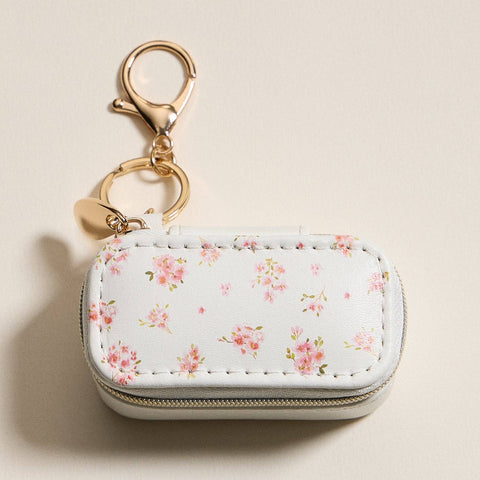 Pink Floral Travel Jewelry Case Keychain – Mini Zipper Organizer with Ring Holder