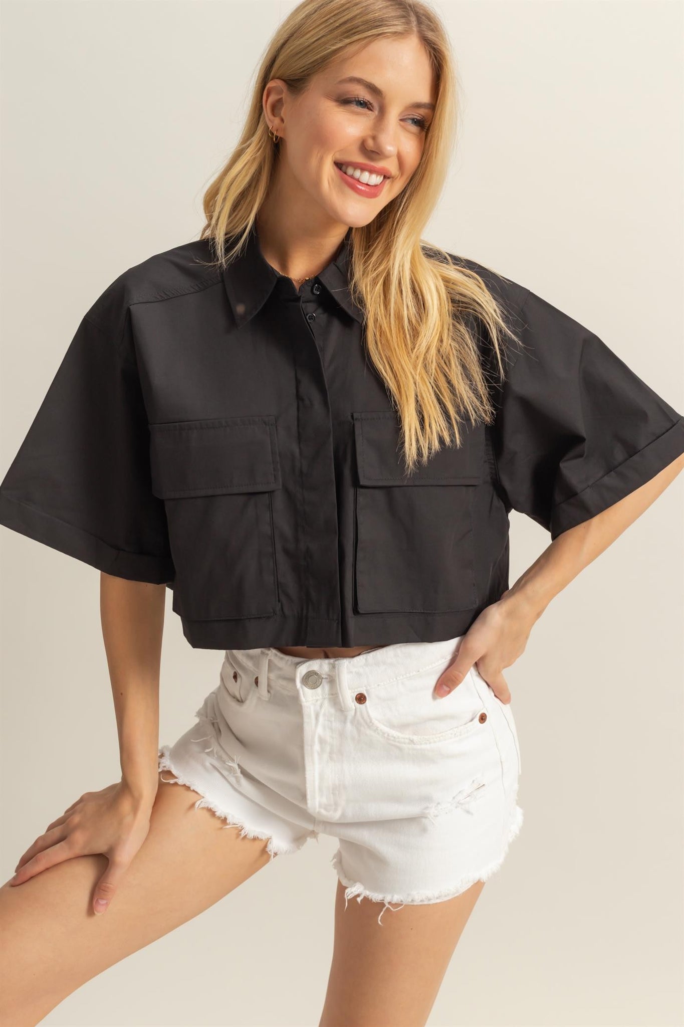 Front Pocket Poplin Crop Collared Shirt