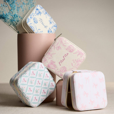 Blue Floral with Pink Bow Jewelry Box - Travel Size