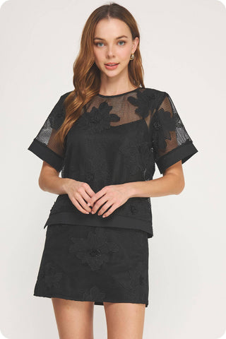 Embroidery Floral Mesh Top Skirt Set